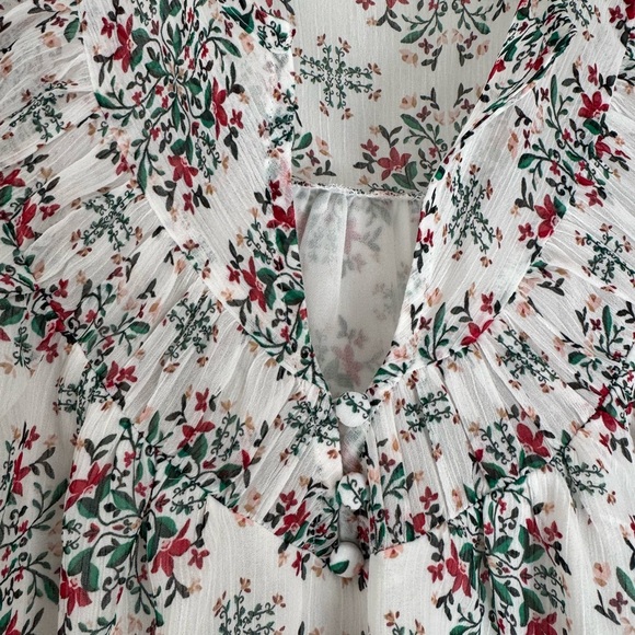 LOFT White & Floral Print Pleated Chiffon Blouse with Flutter Sleeves Size XL - Picture 6 of 12